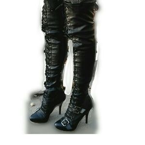 Womens Over the Knee Lace Up Buckle Moto  Boots